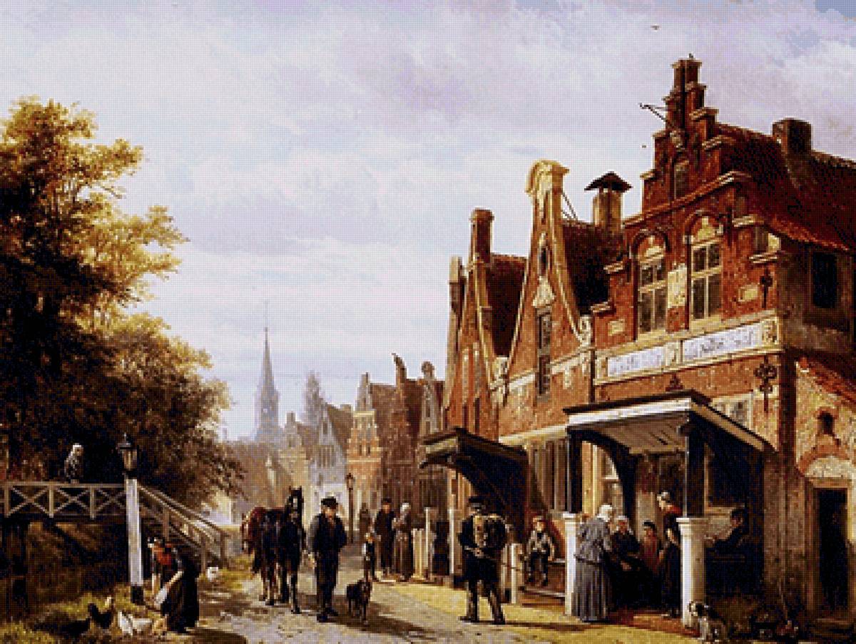 старый город - картина, улица, люди - предпросмотр