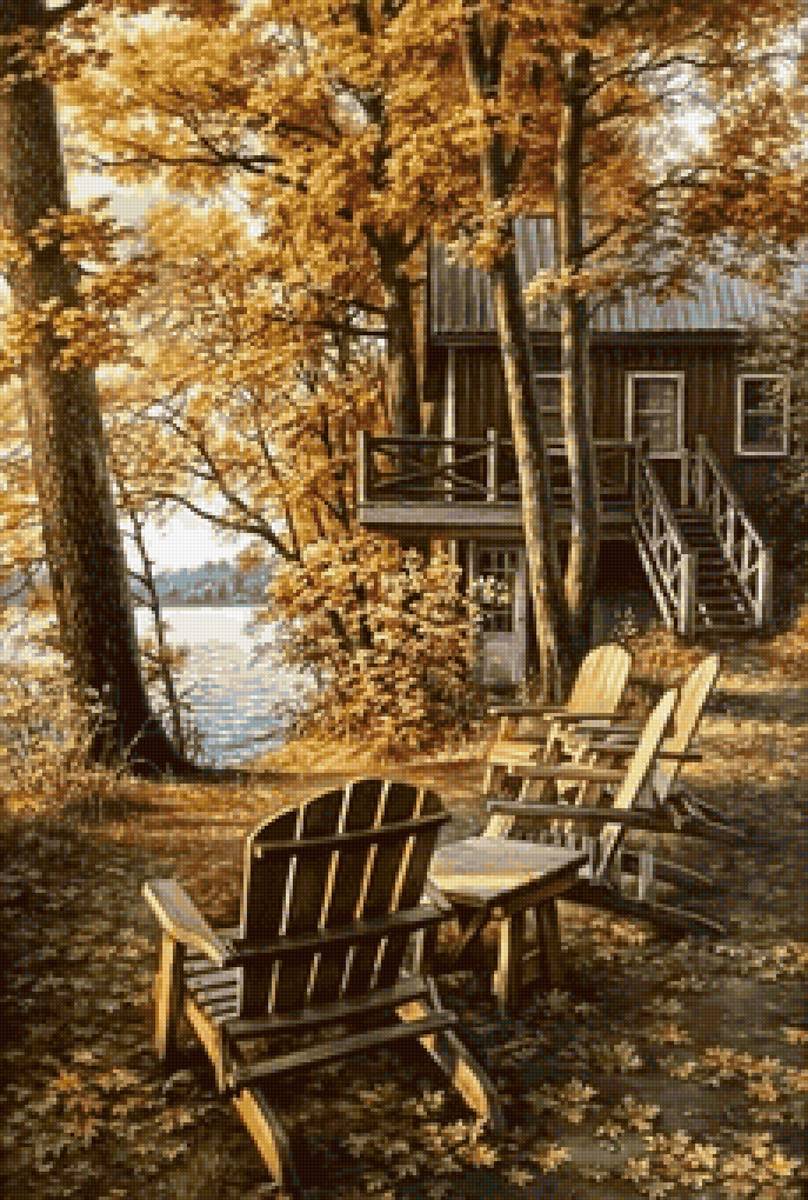 Осень золотая - осень, берег, озеро, домик - предпросмотр