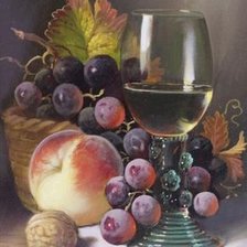 Схема вышивки «РАЙМОНД КЕМПВЭЛЛ.  НАТЮРМОРТ С БОКАЛОМ, ВИНОГРАДОМ И ПЕРСИКОМ»