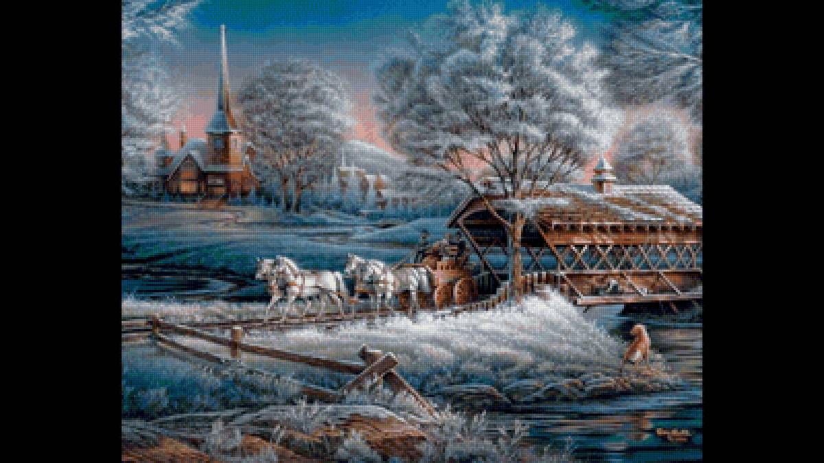 Ро картине Терри Редлина - люди, деревья, зима, снег, дома - предпросмотр