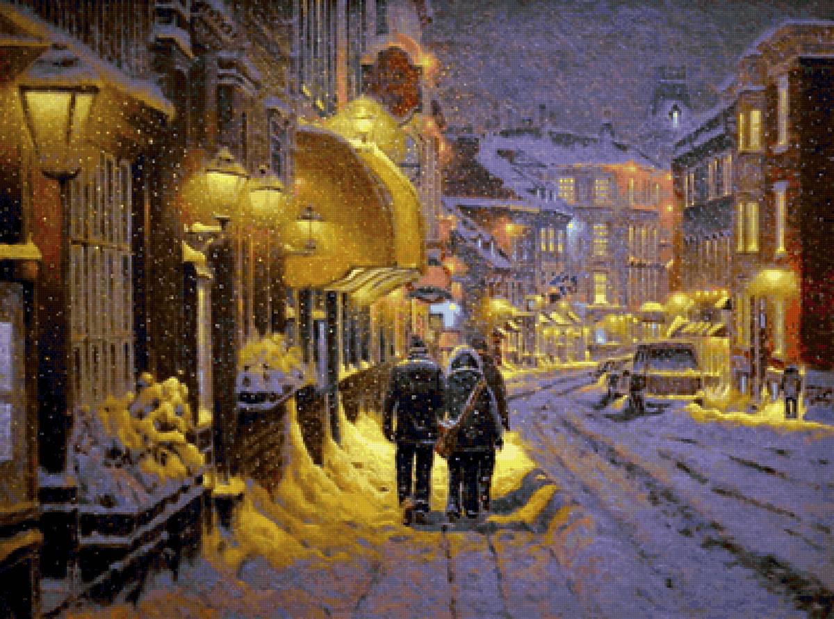 По картине Ричарда Савойя - город, дома, люди, снег - предпросмотр