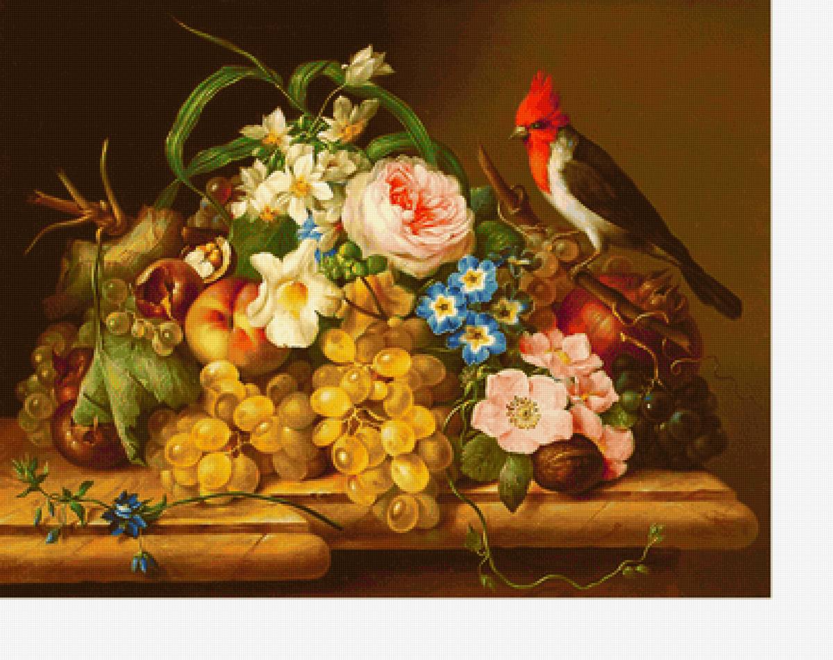 Серия "Натюрморты" - натюрморт, цветы, букет, птицы, попугай, фрукты - предпросмотр