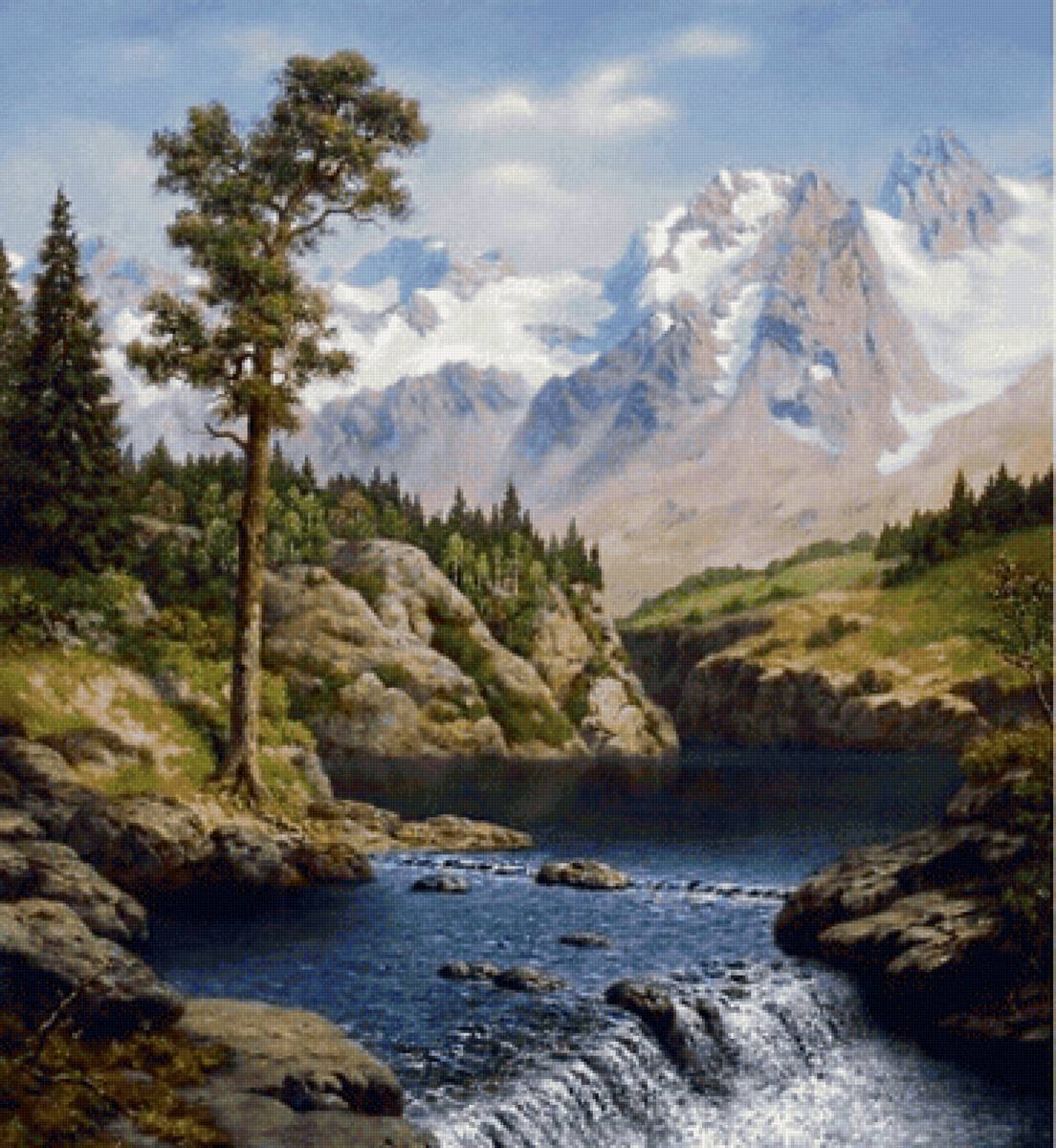 Сосна и снег - сосна, снег, горы, водопад - предпросмотр