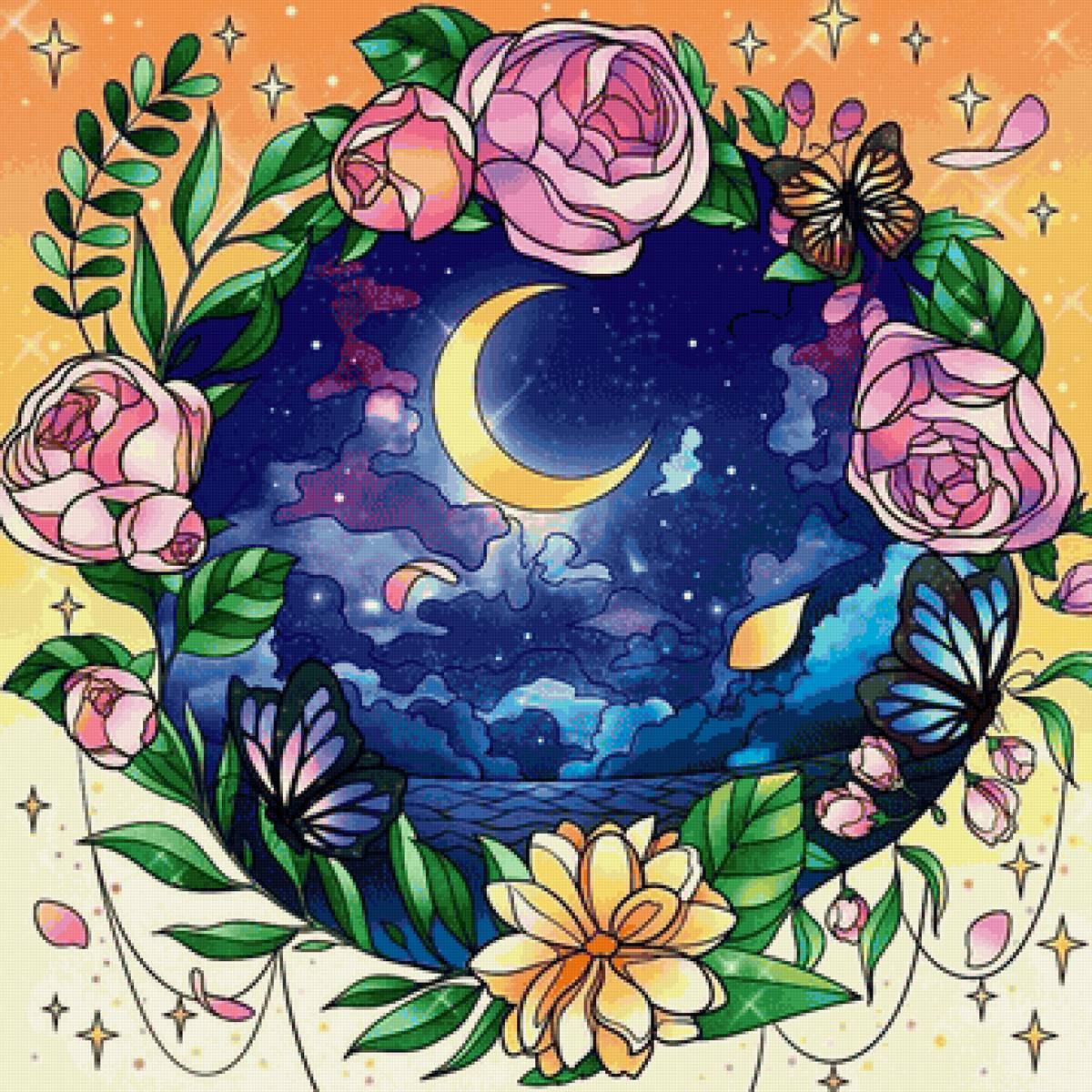 Лунная ночь - цветы - предпросмотр