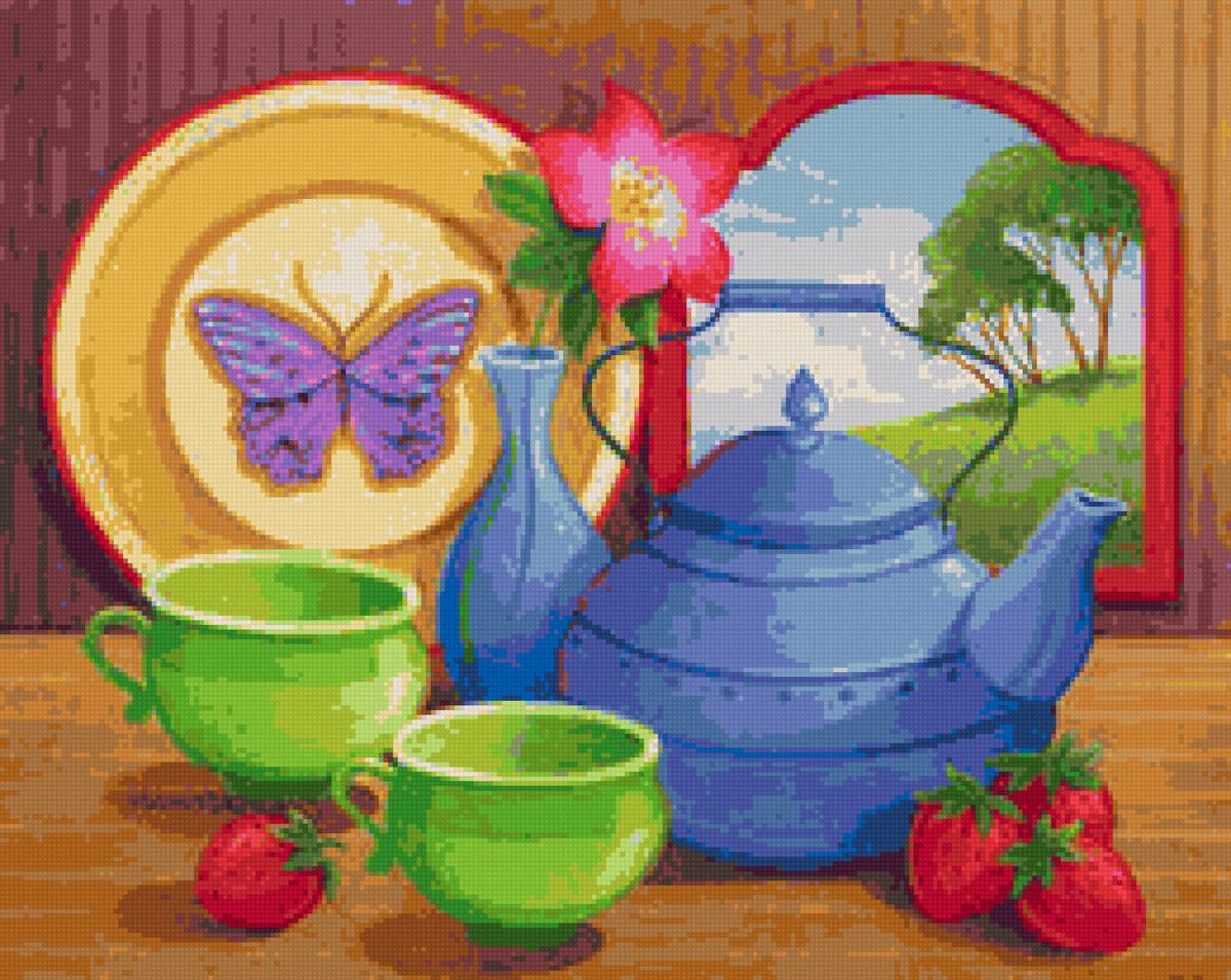 чай - натюрморт, чайник, клубника, бабочка, блюдо - предпросмотр