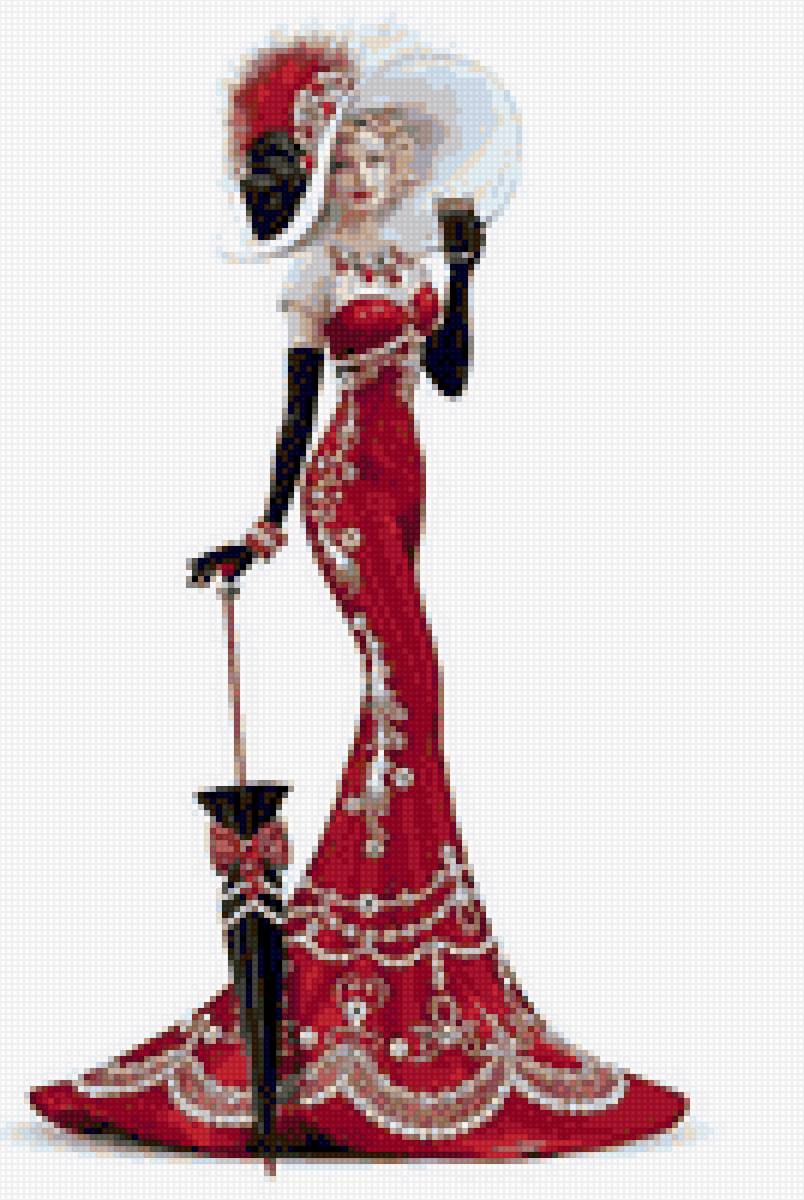 Леди в красном - платье, шляпа, зонт - предпросмотр