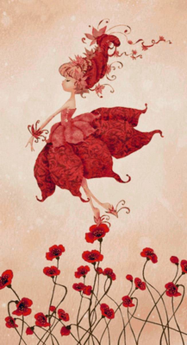 Hada - duende, flores, rojo - предпросмотр