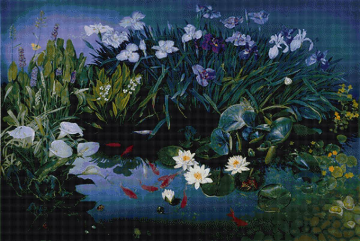 пруд - пейзаж, рыбки, ирис, лето, вода - предпросмотр