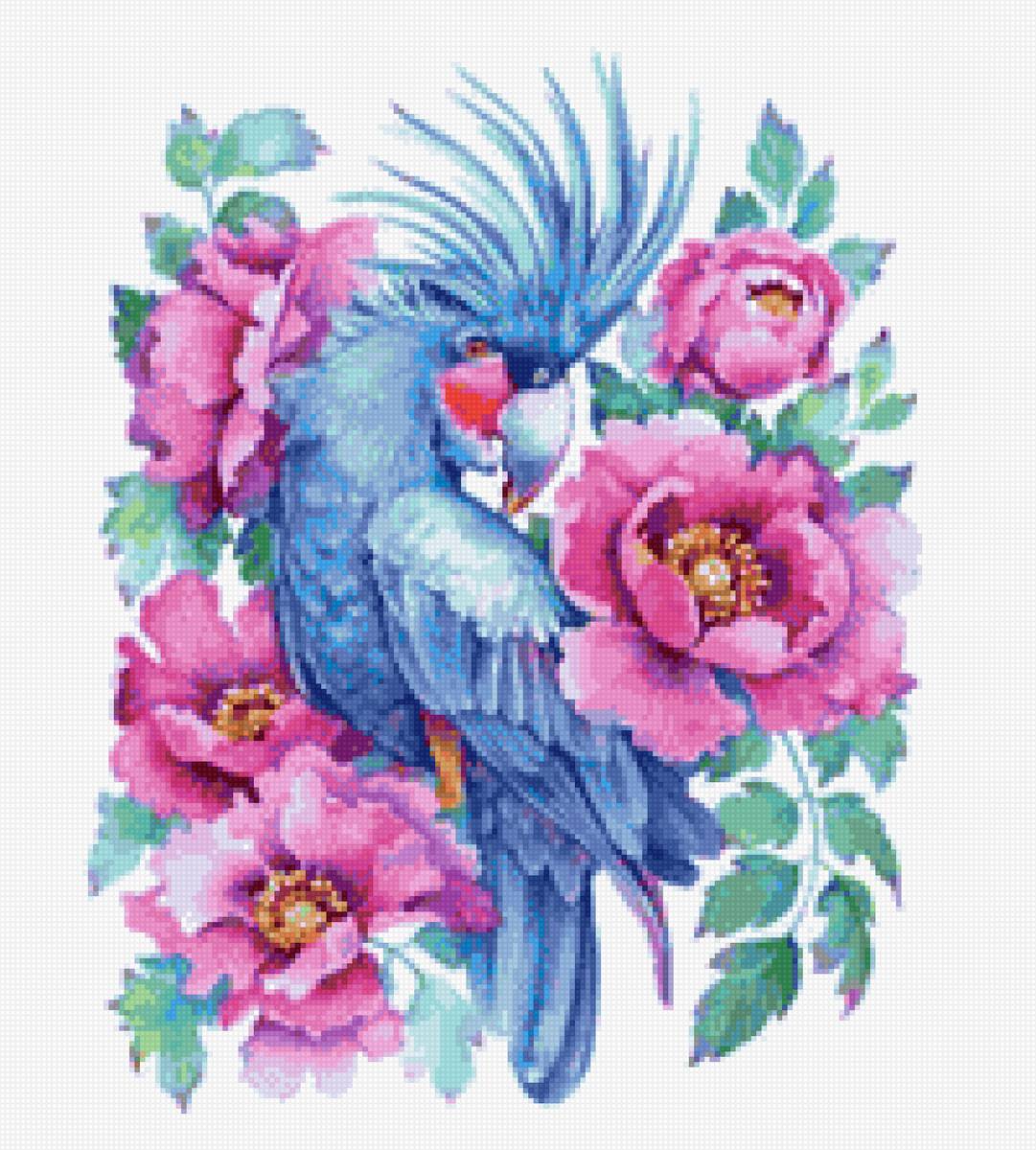 Попугай в цветах - птицы, попугай - предпросмотр