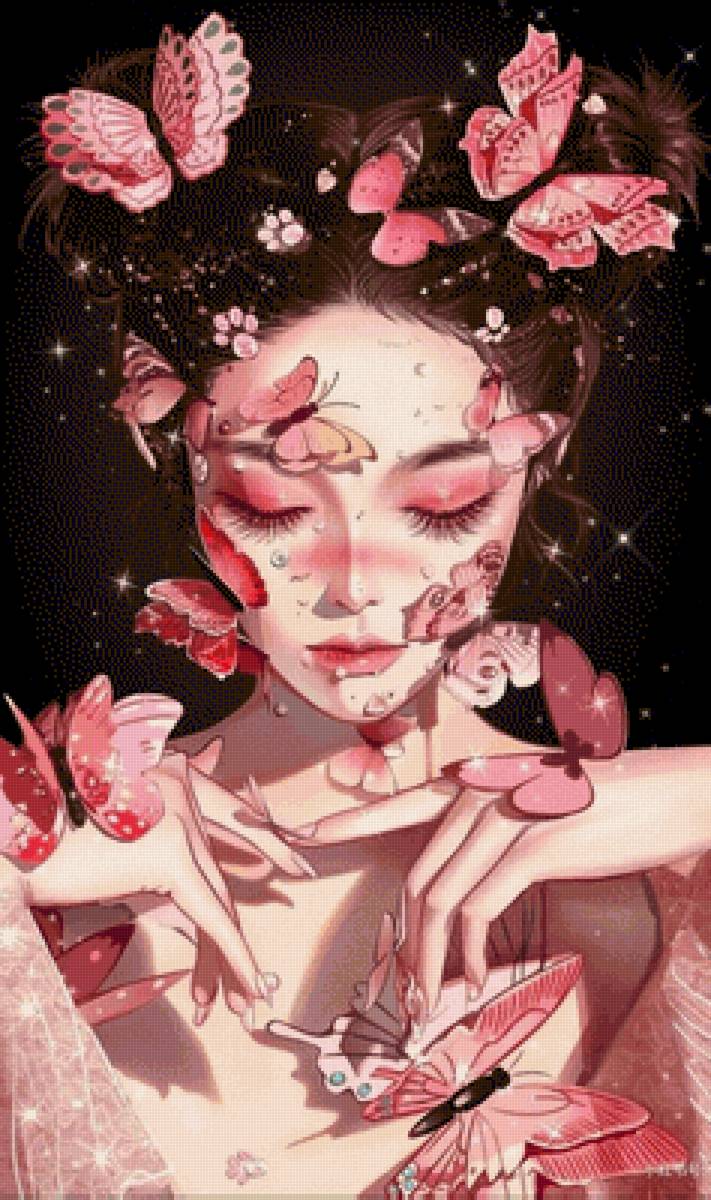 Mujer - rosa, fantasia, mariposa, animales - предпросмотр