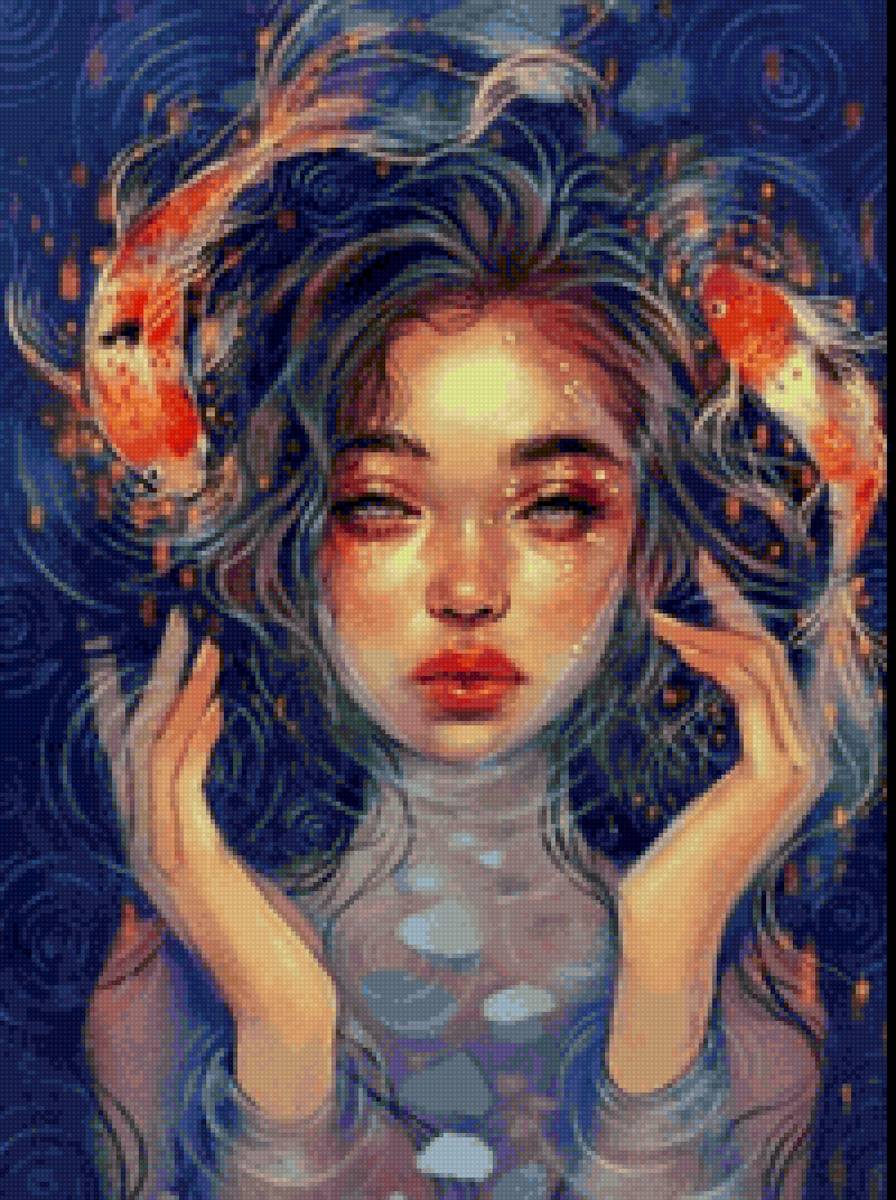 Девушка - кои, вода, рыбки, девушка - предпросмотр