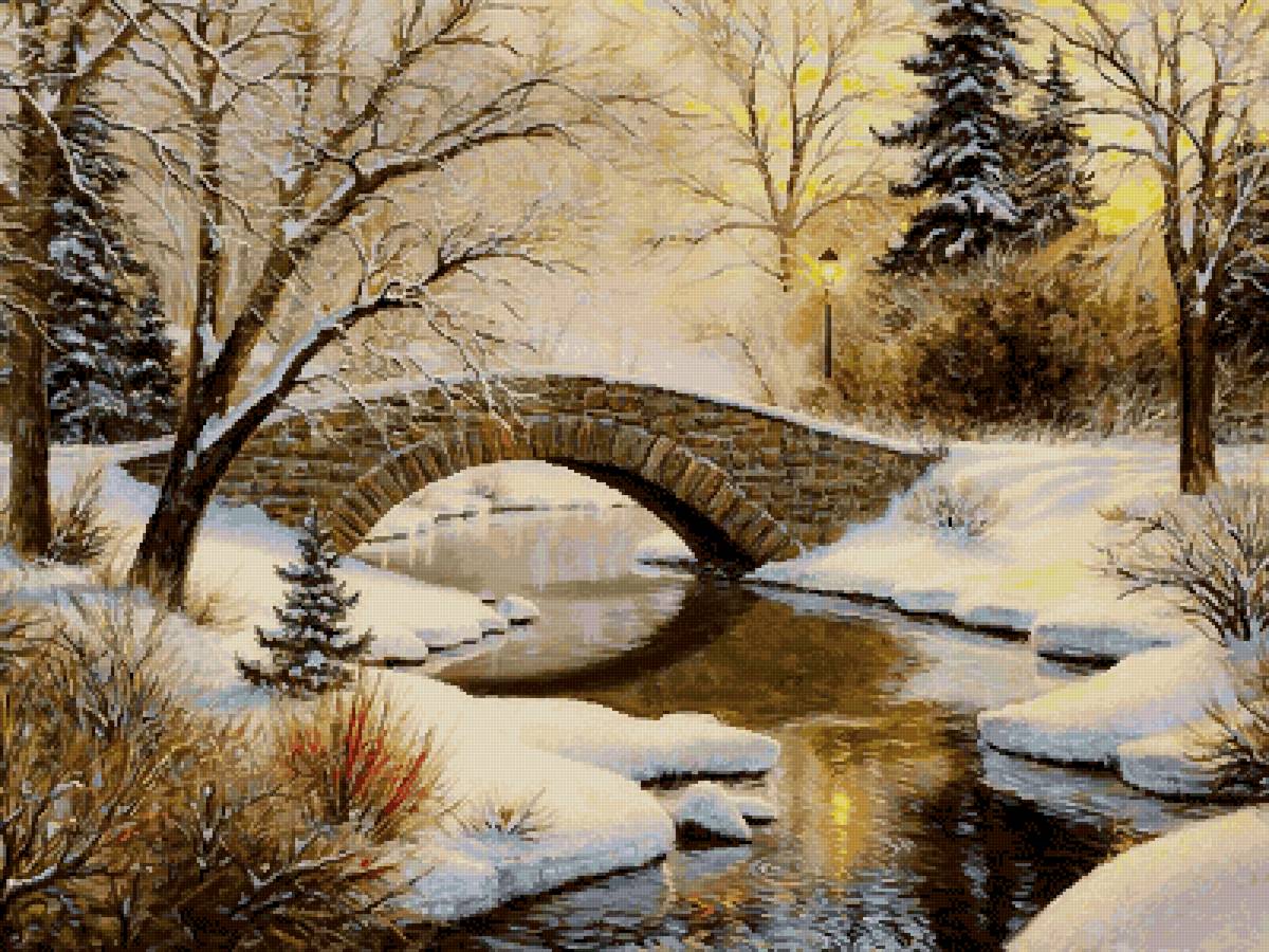 зимний парк - мост., река, вода, зима, пейзаж, снег, парк - предпросмотр