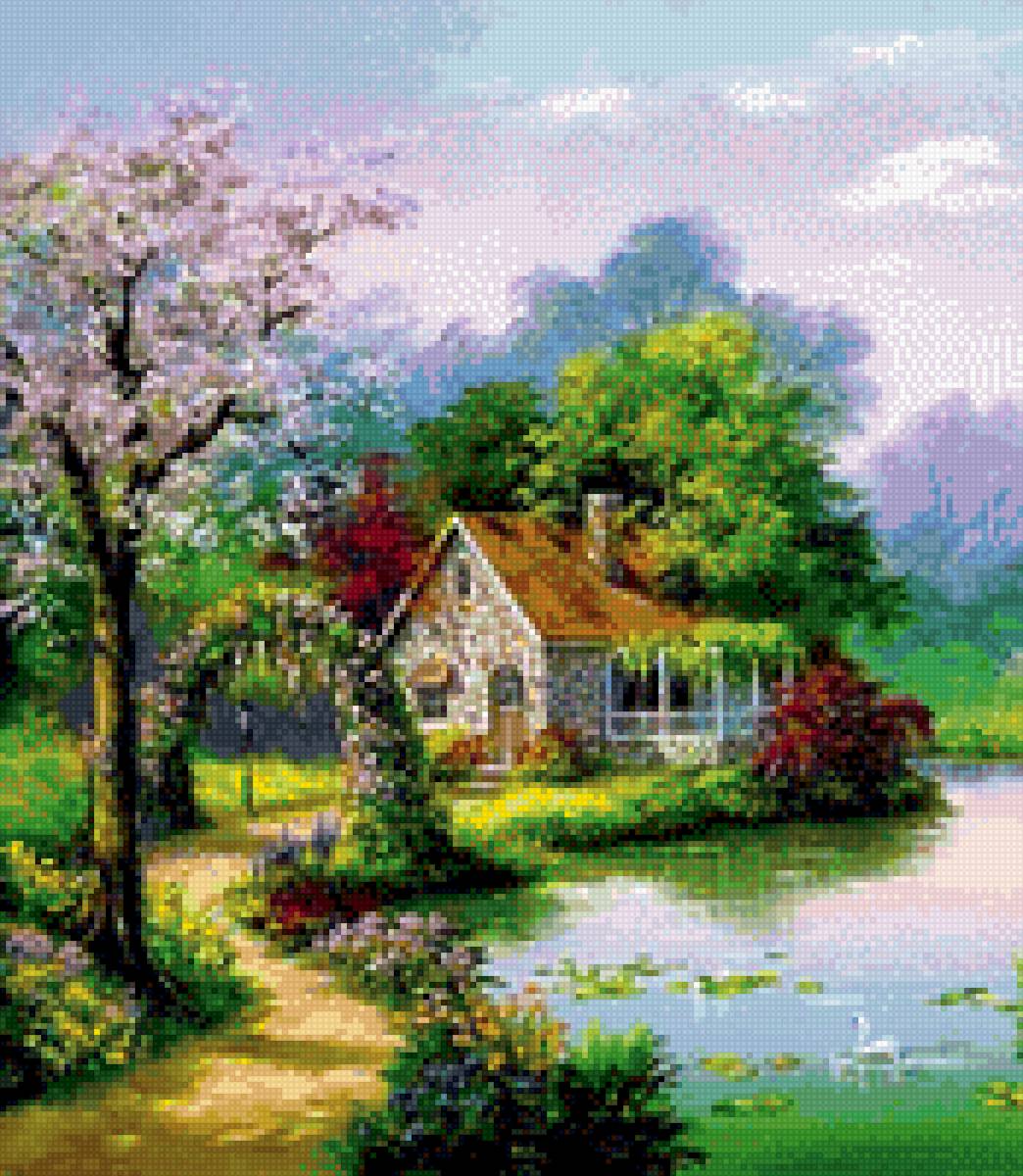 Домик весной - дом. весна. природа. озеро. пейзаж. - предпросмотр