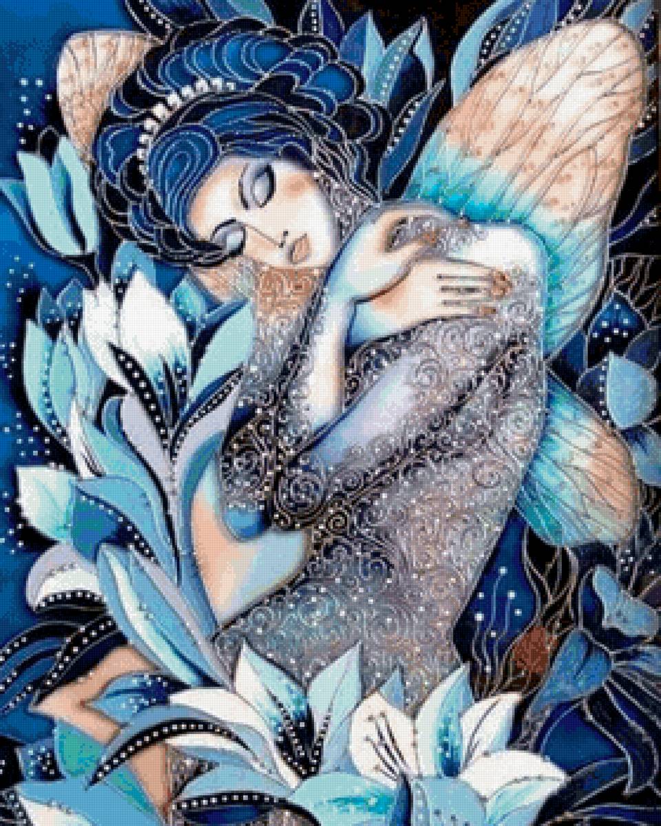 девушка с голубыми цветами - предпросмотр