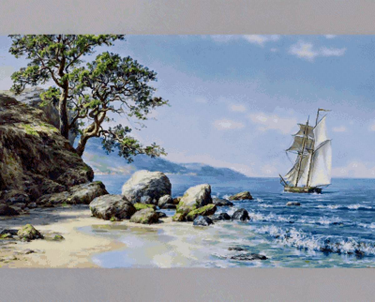 морской пейзаж - вода, горы, корабль., море, пейзаж - предпросмотр