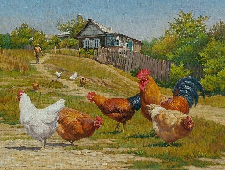 деревня - домик, лето, дорога, птица - оригинал