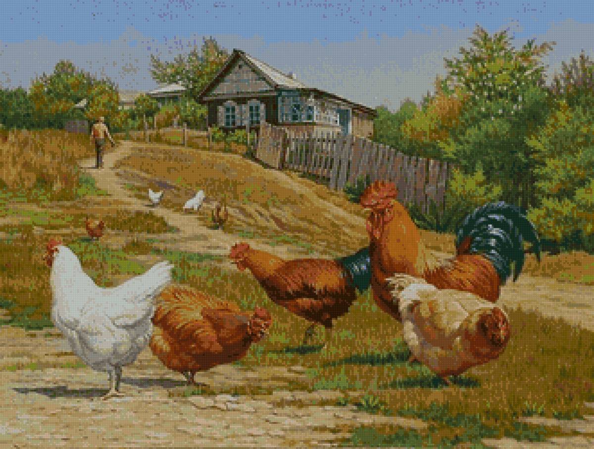 деревня - лето, дорога, птица, домик - предпросмотр