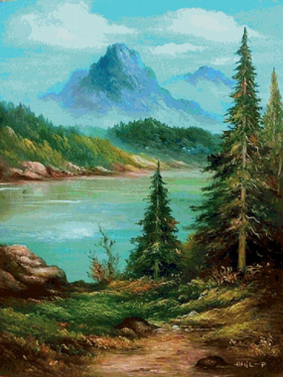 Озеро в лесу - лес, озеро, горы - предпросмотр