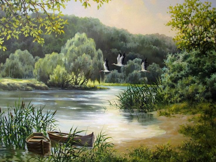 Озеро в лесу - лес, птицы, озеро - оригинал