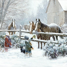 girl and boy feeding horses