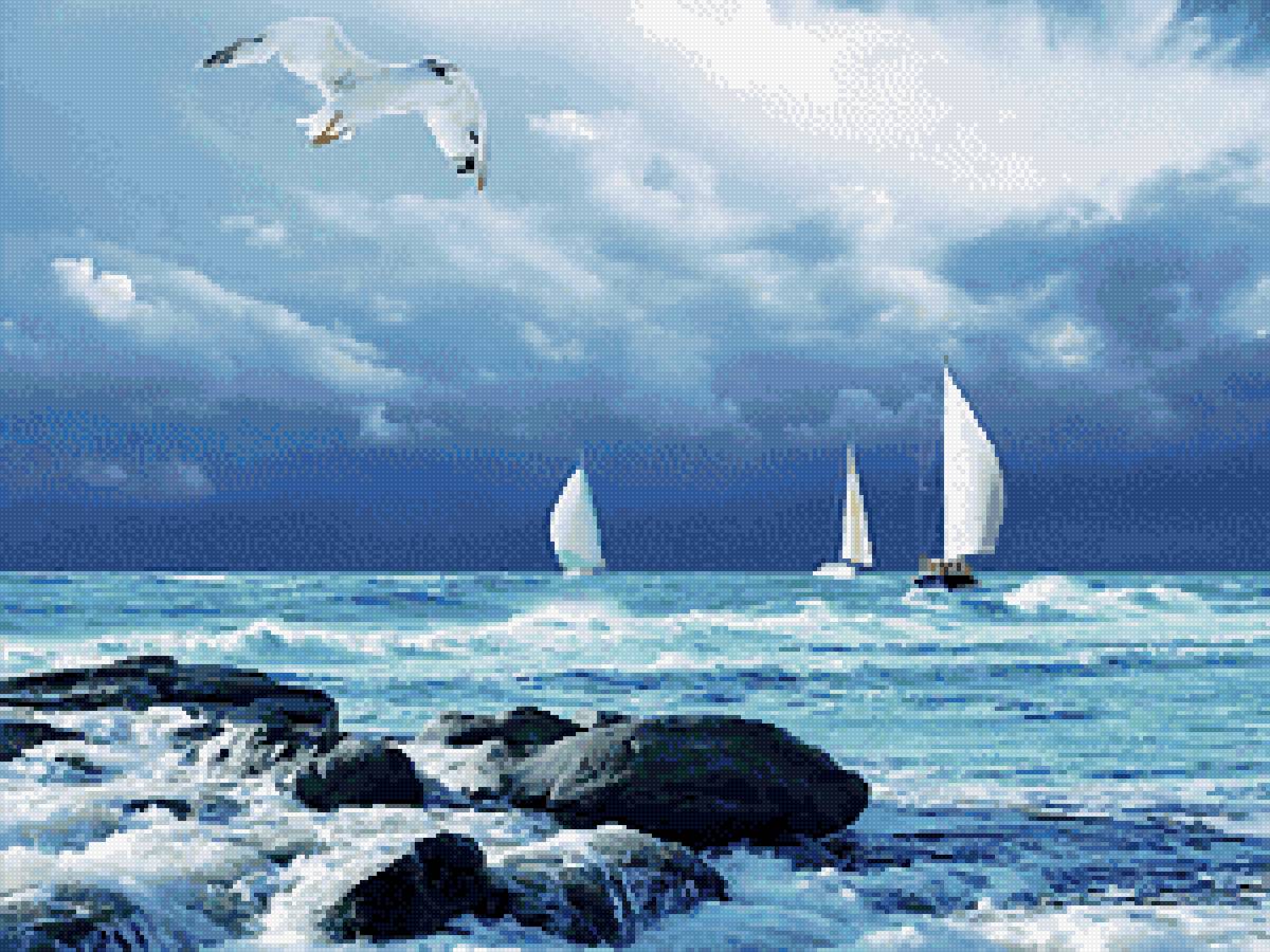 Море - синий, море, чайки, вода - предпросмотр