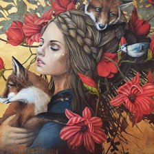Схема вышивки «девушка, цветы, лисята»