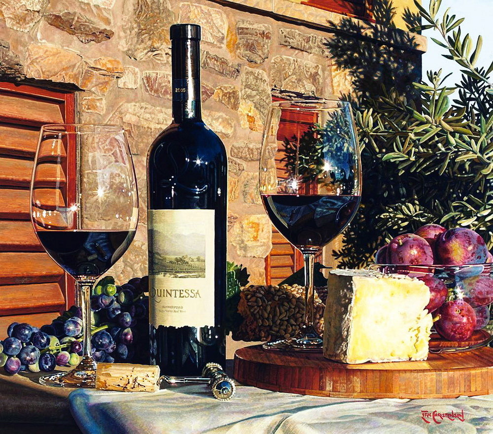 Винный натюрморт акварель худ. Эрик Кристенсен - сыр, акварель, картина, виноград, вино - оригинал