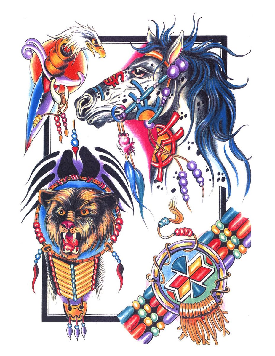 Тотем - лошадь, стилизация, перья, индеец, орел, цветная - оригинал