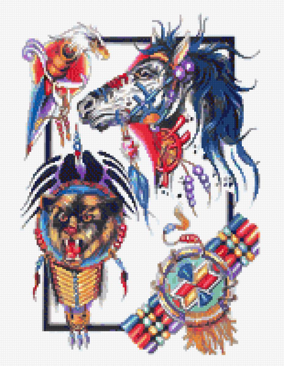 Тотем - орел, лошадь, цветная, стилизация, перья, индеец - предпросмотр