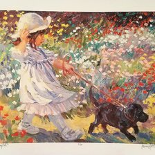 watercolor, - girl with puppy