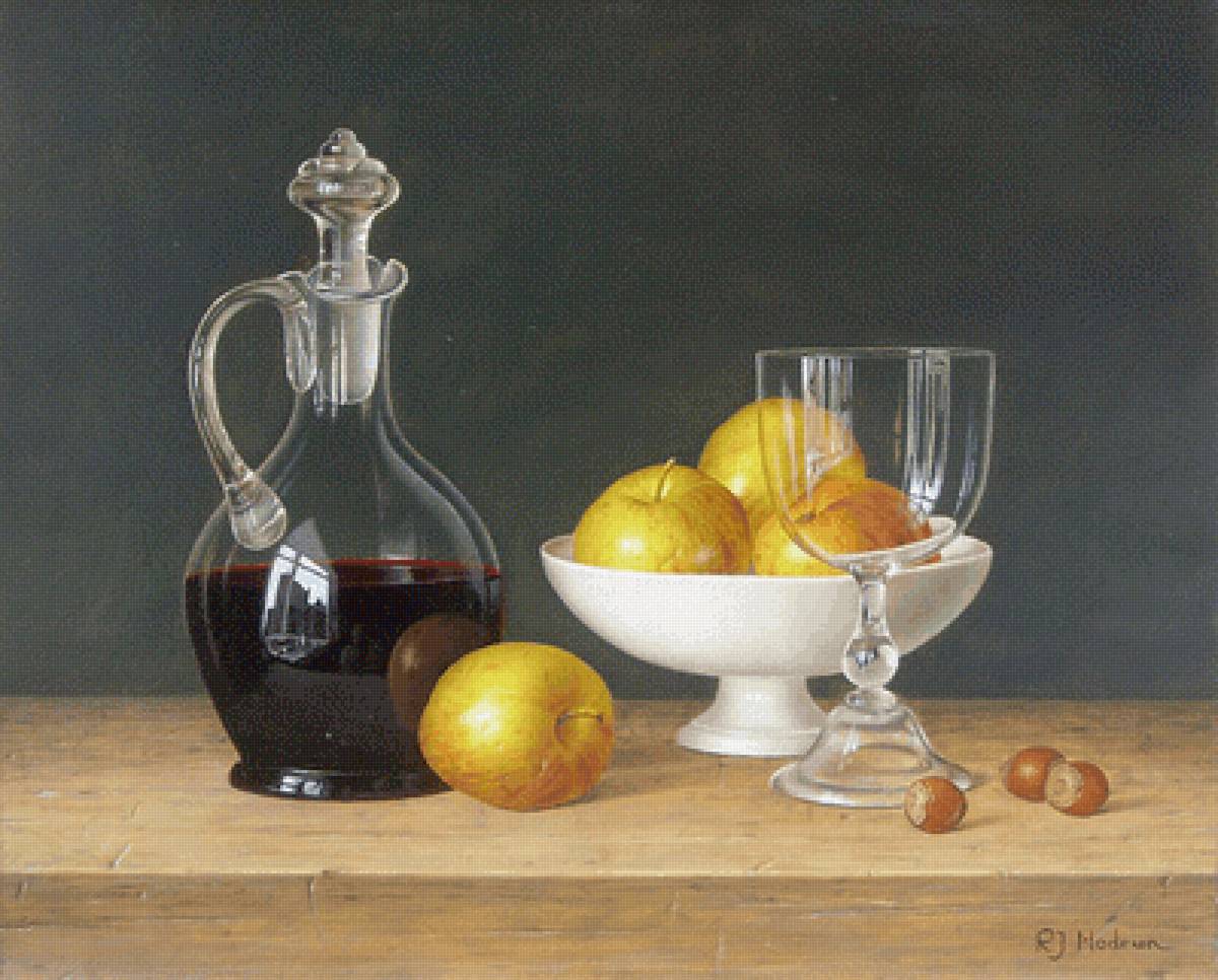 Наливка из яблок - натюрморт, вино, яблоки, орехи - предпросмотр