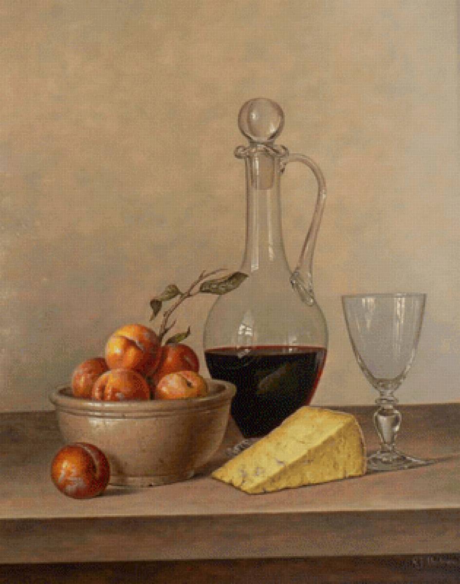 Натюрморт - персики, вино, сыр, натюрморт - предпросмотр