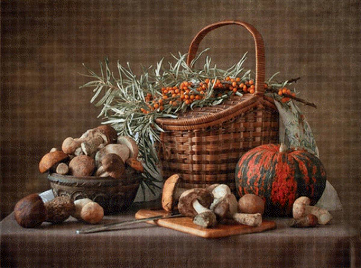 Дары осени - грибы, корзина, тыква, натюрморт, ягоды, облепиха - предпросмотр
