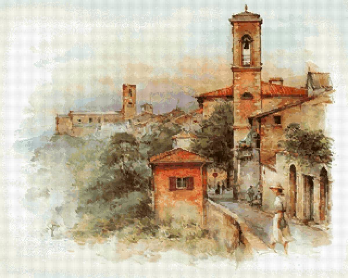 Старый город - улица, дома, акварель, город, пейзаж - предпросмотр