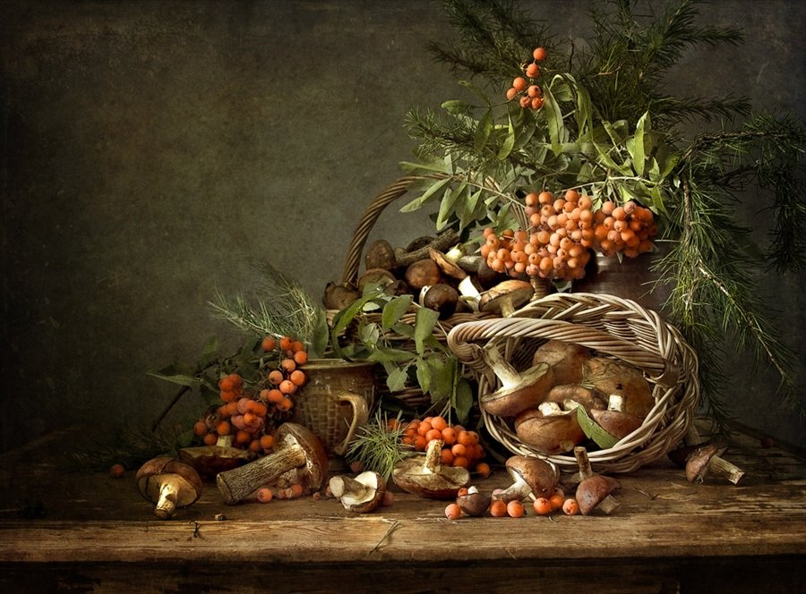 Дары осени - натюрморт, рябина, осень, грибы - оригинал
