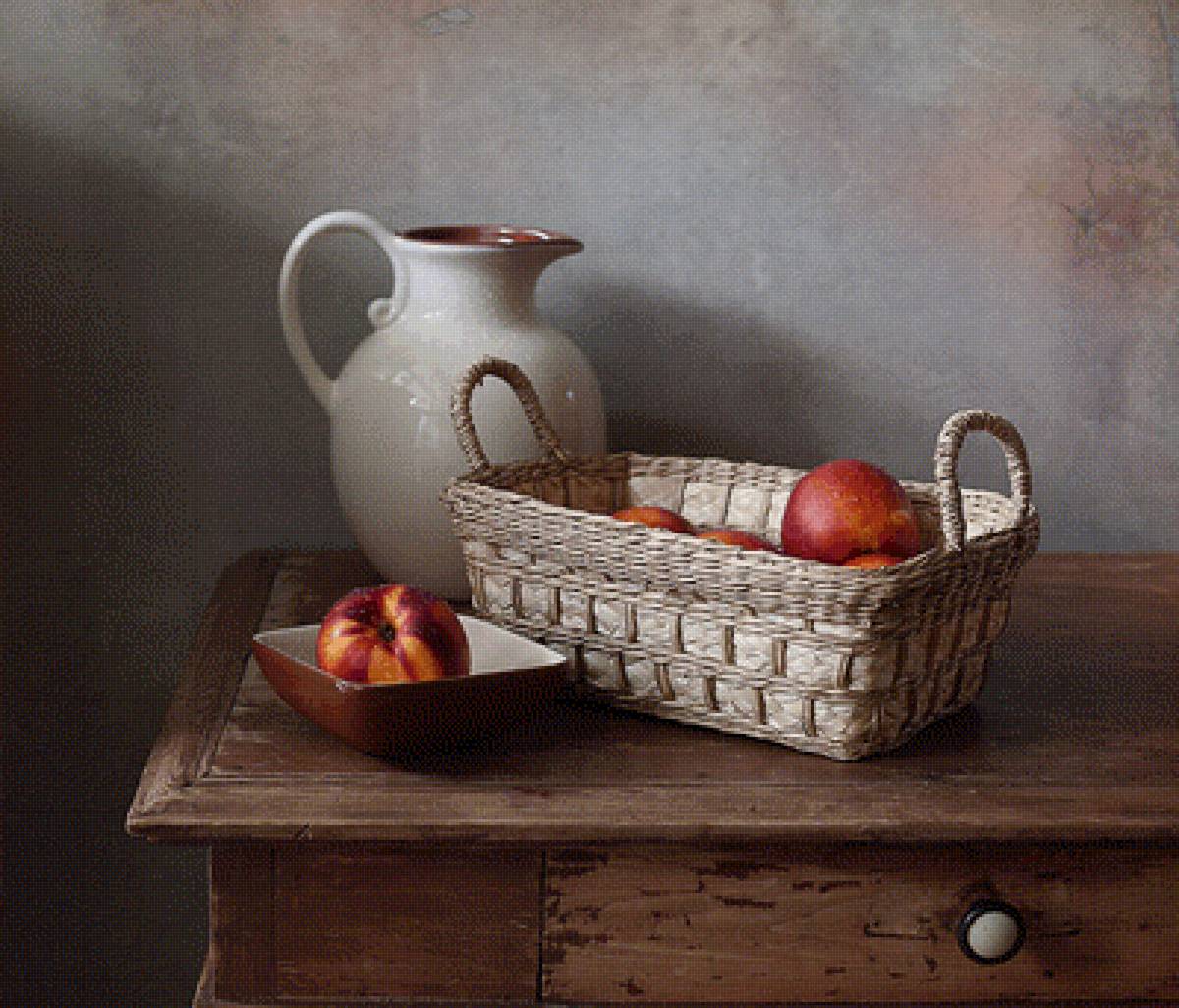 Персики - корзина, кувшин, персики, натюрморт - предпросмотр