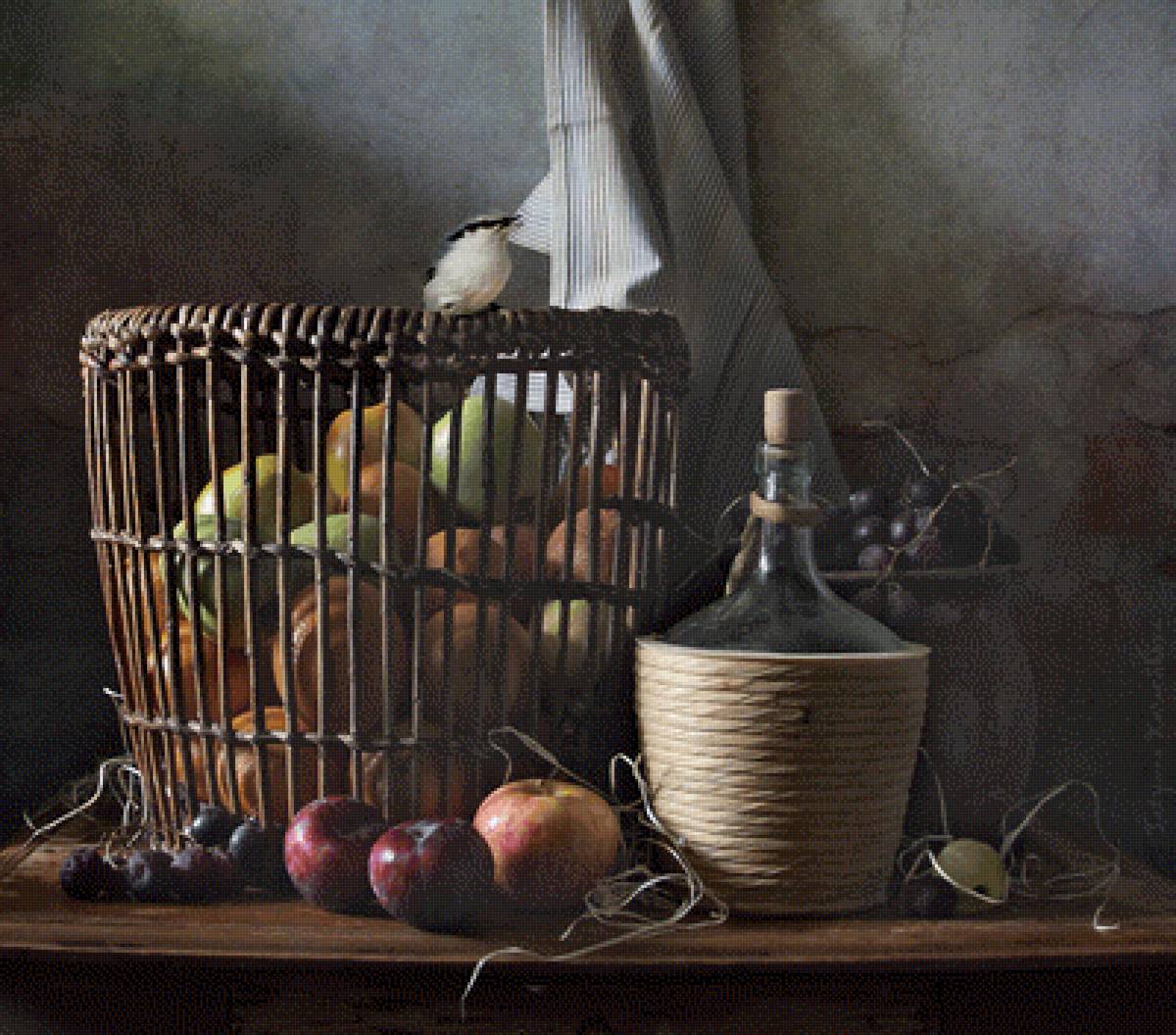 Фрукты - корзина, фрукты, натюрморт, яблоки, виноград, птичка - предпросмотр