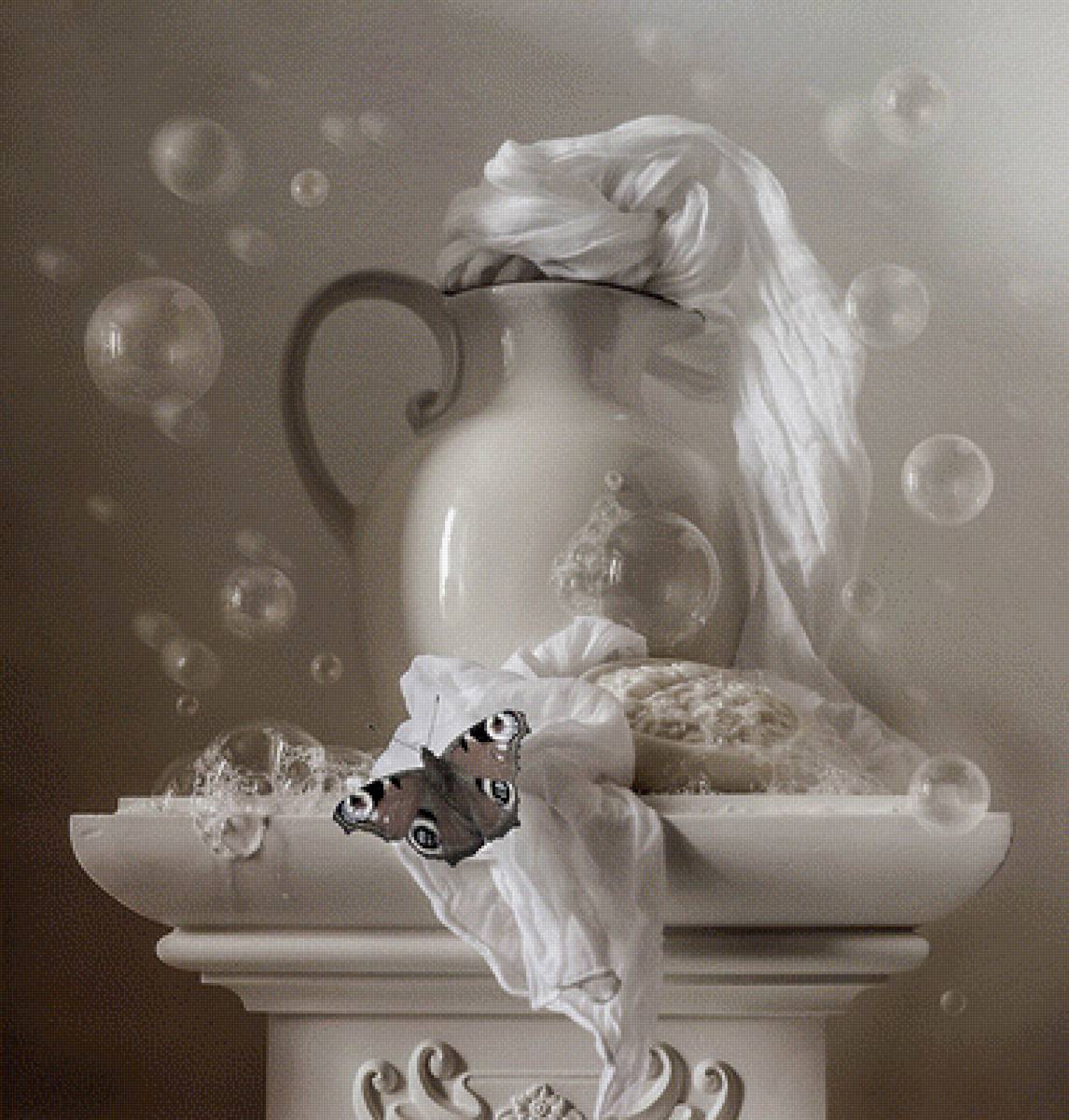 Натюрморт для ванной - мыло, кувшин, ванна, натюрморт, бабочка - предпросмотр