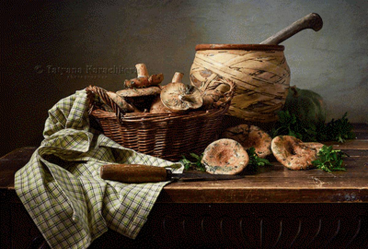Сыроежки - грибы, корзина, натюрморт - предпросмотр