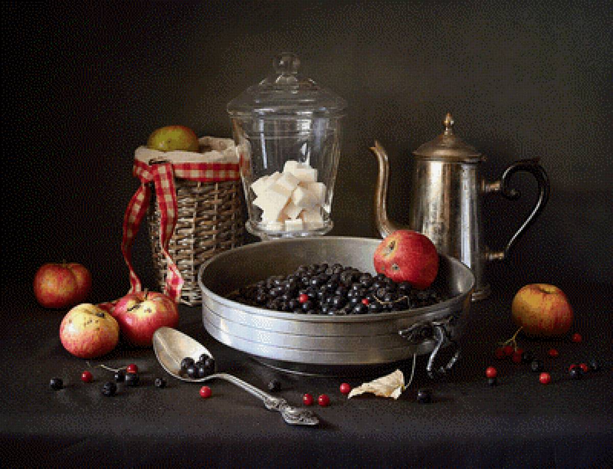 Чёрная смородина - смородина, кувшин, кухня, яблоки, натюрморт - предпросмотр