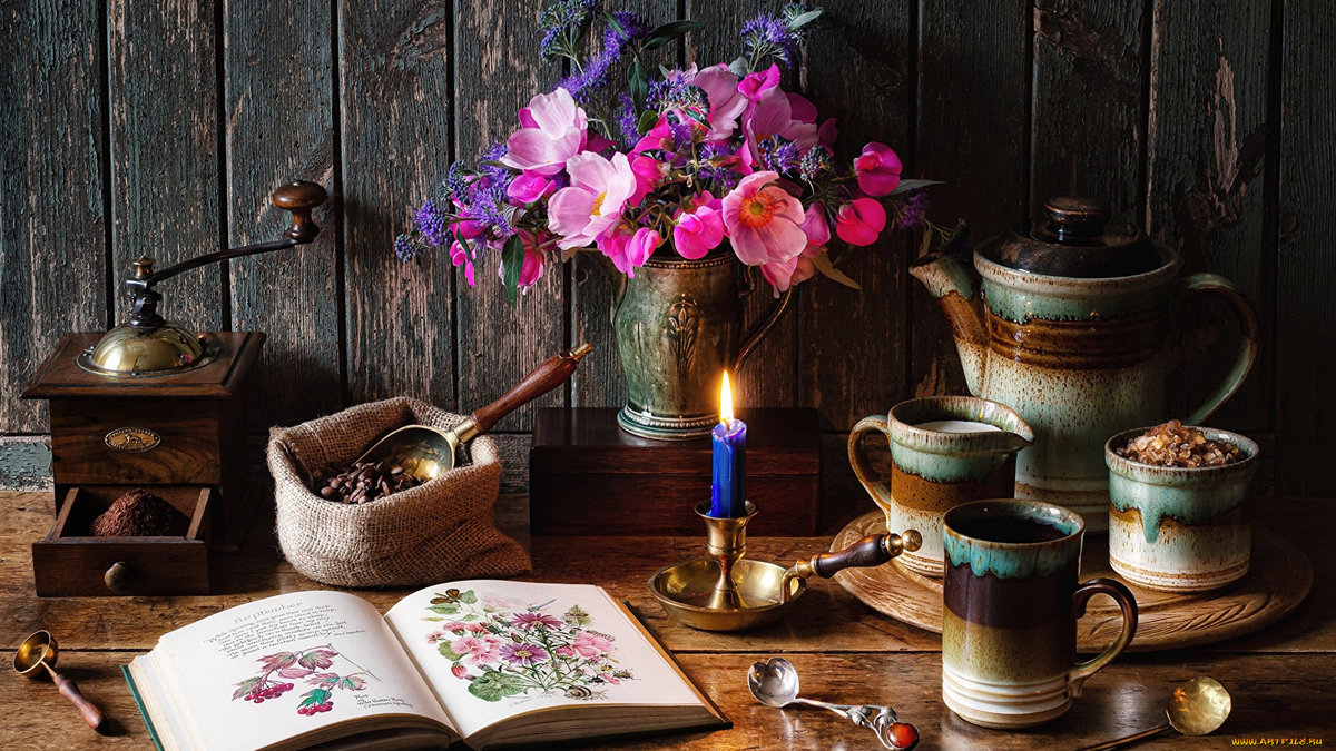 Натюрморт - натюрморт, букет, кофе, цветы, книга - оригинал