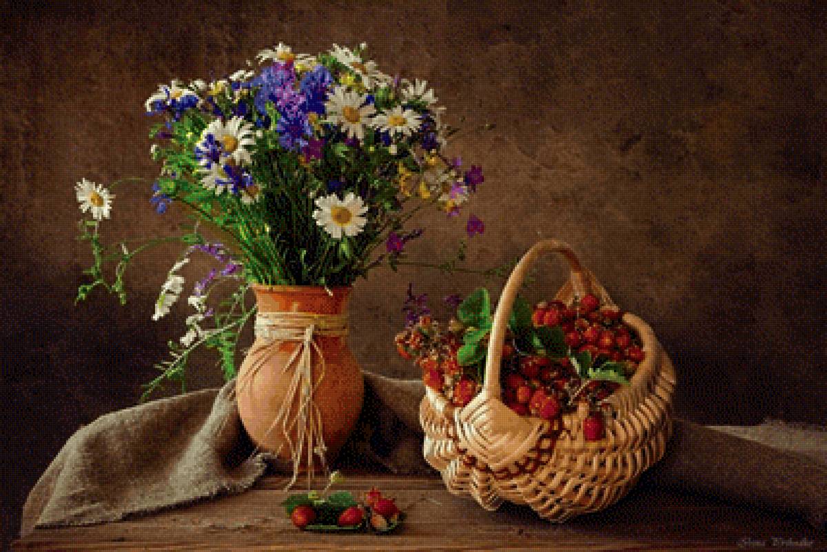 Лето - корзина, букет, ягоды, натюрморт, цветы - предпросмотр
