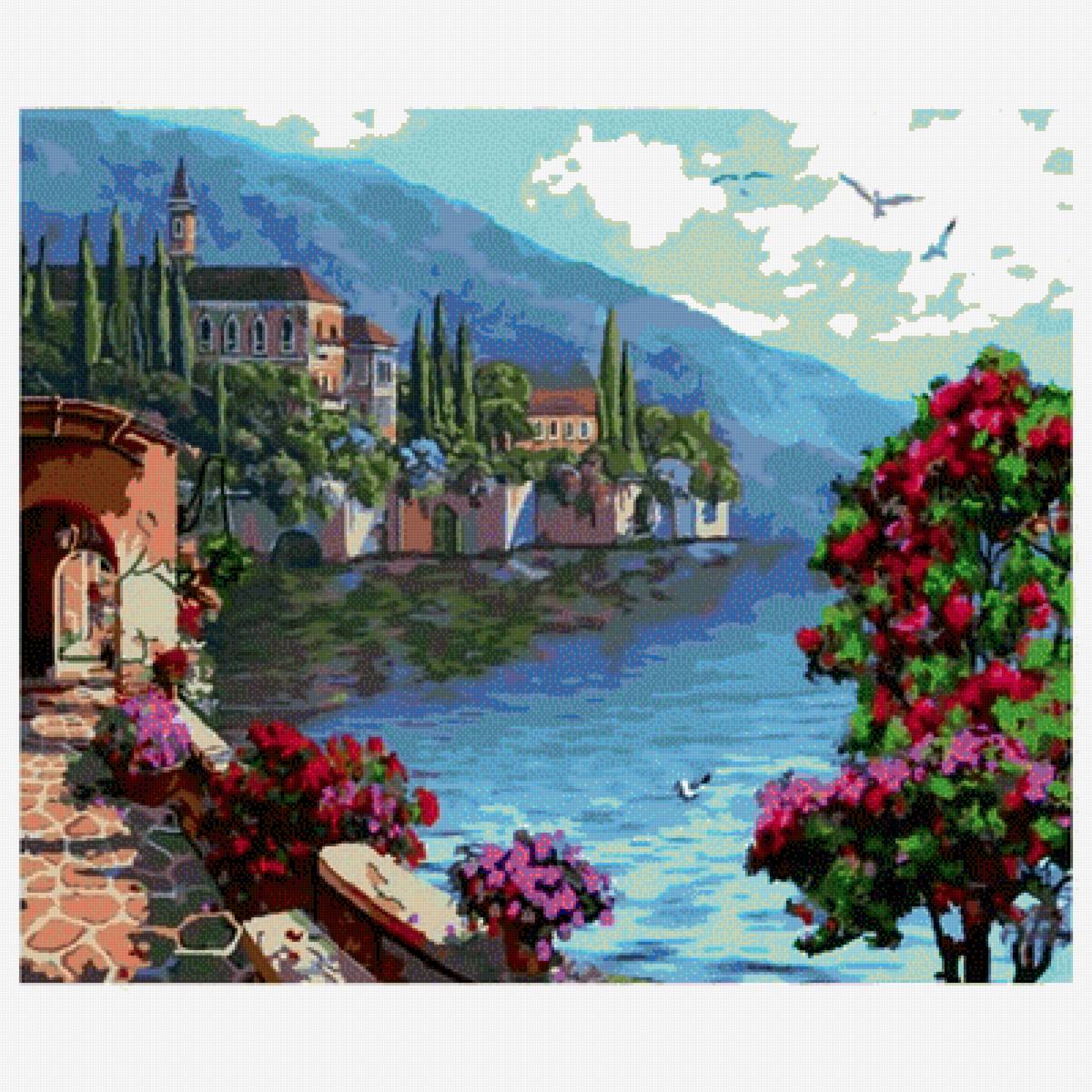 пейзаж. - море, дома., горы, пейзаж - предпросмотр