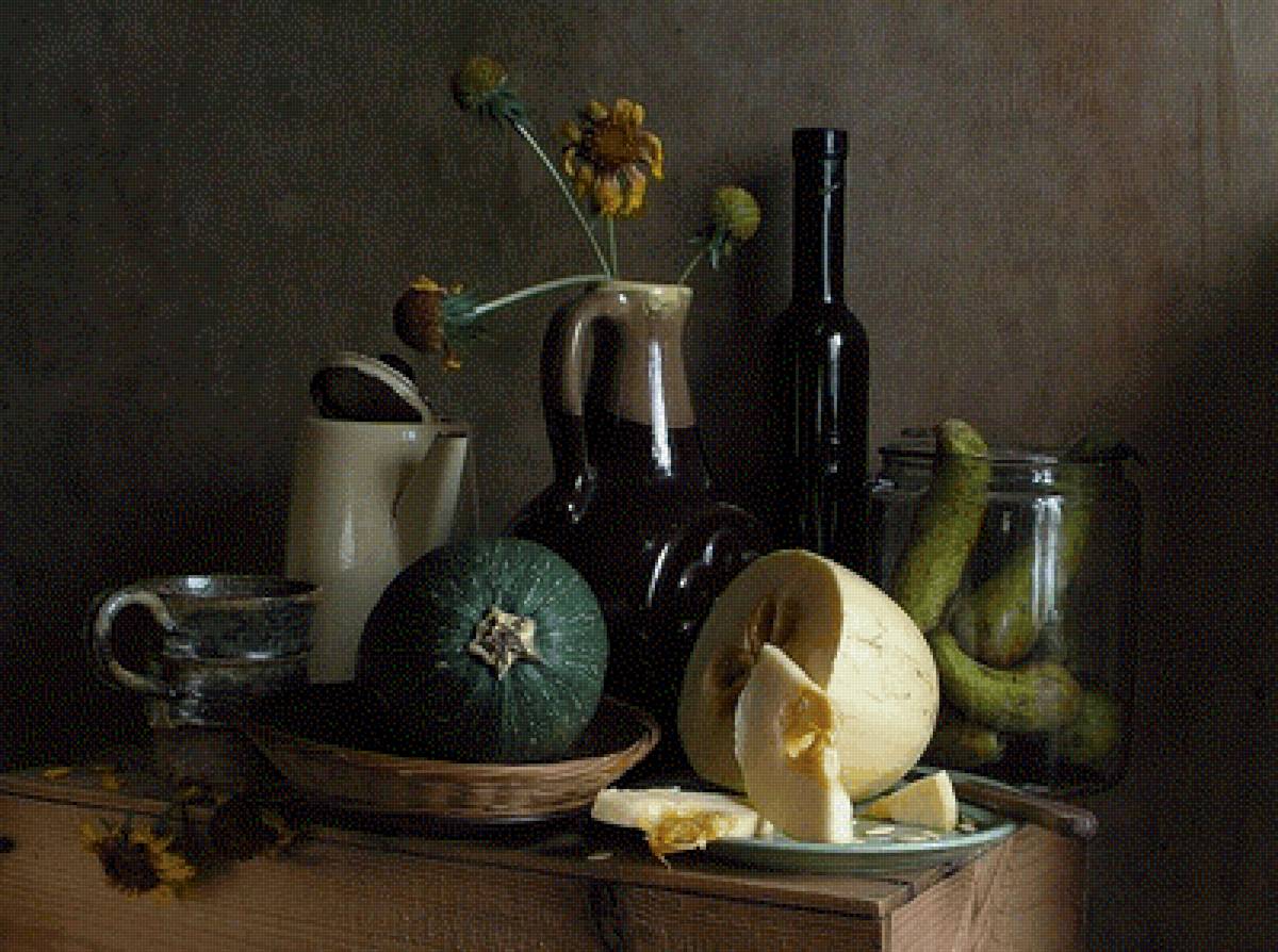 Кухонный натюрморт - огурцы, натюрморт, кувшин, кабачок - предпросмотр