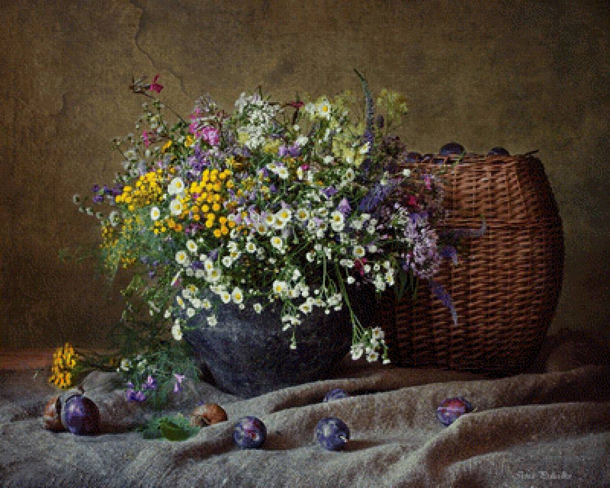 Лето - сливы, натюрморт, лето, цветы, букет - предпросмотр