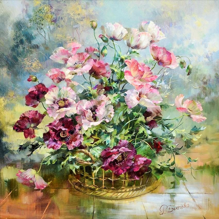 Корзина цветов. Худ. Вьюгова Римма Николаевна - цветы, римма вьюгова - оригинал