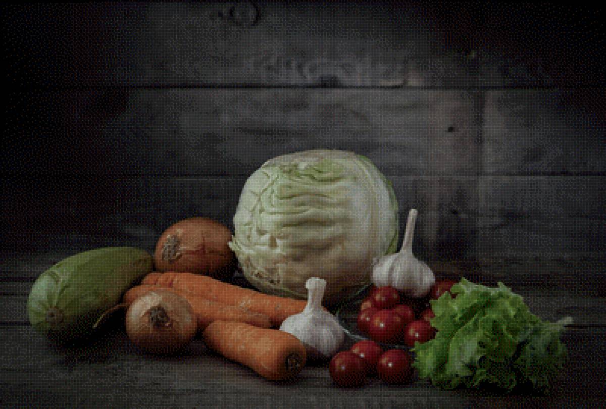 Овощной натюрморт - кабачок, натюрморт, овощи, морковь, чеснок, капуста, помидоры - предпросмотр