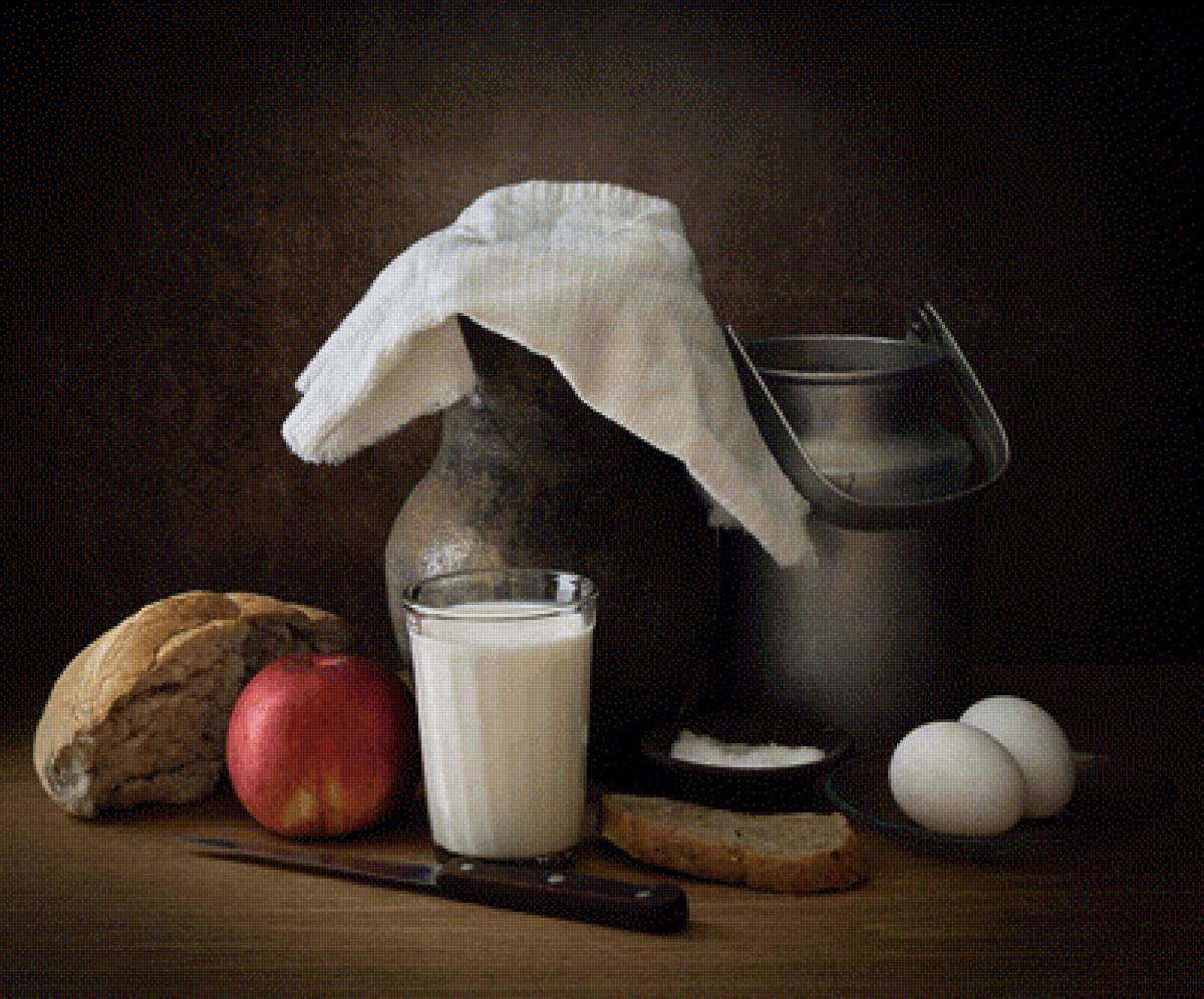 Деревенский натюрморт - крынка, молоко, яблоко, бидон, натюрморт, хлеб - предпросмотр