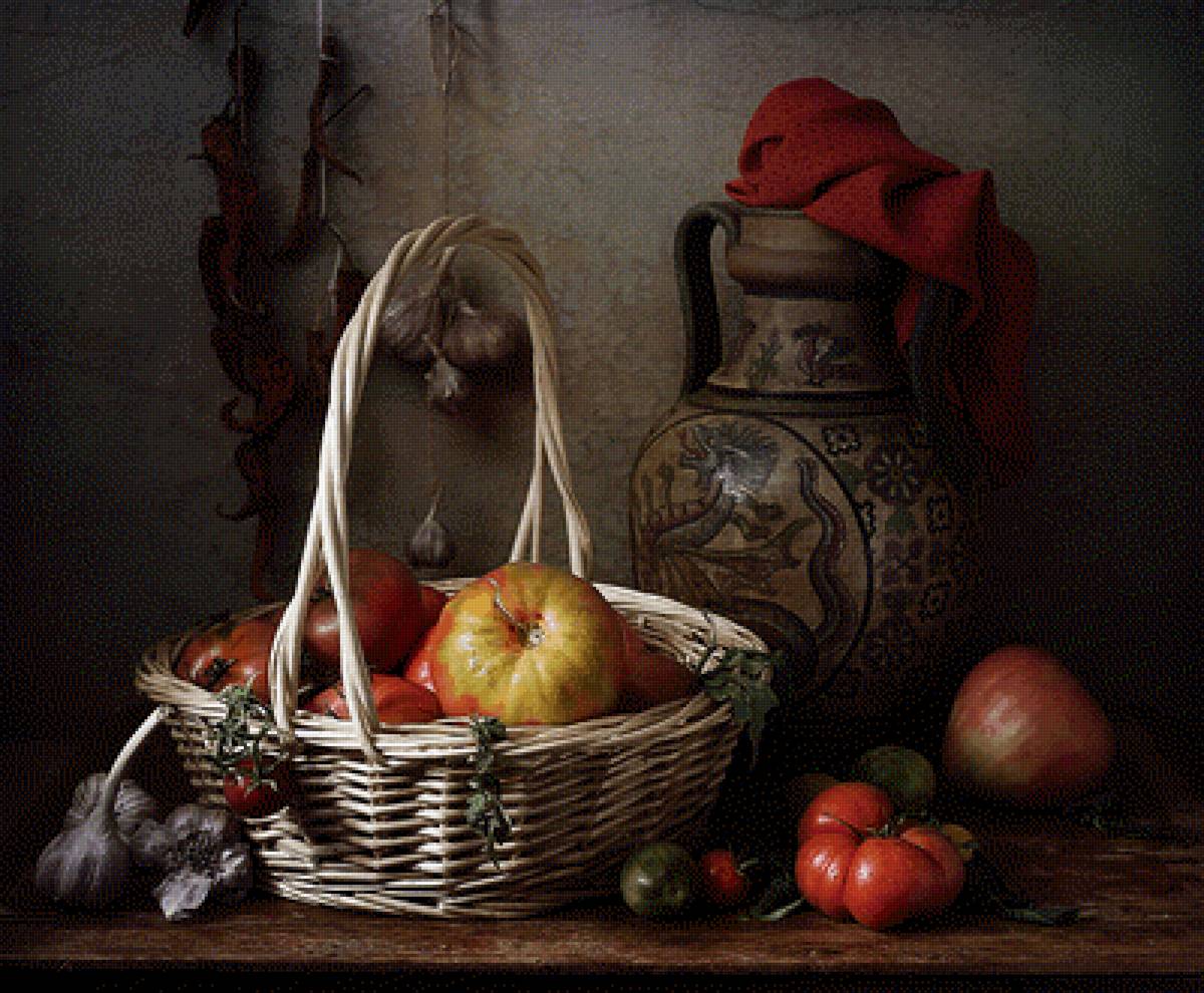Натюрморт с помидорами - корзина, натюрморт, помидоры, кухня - предпросмотр