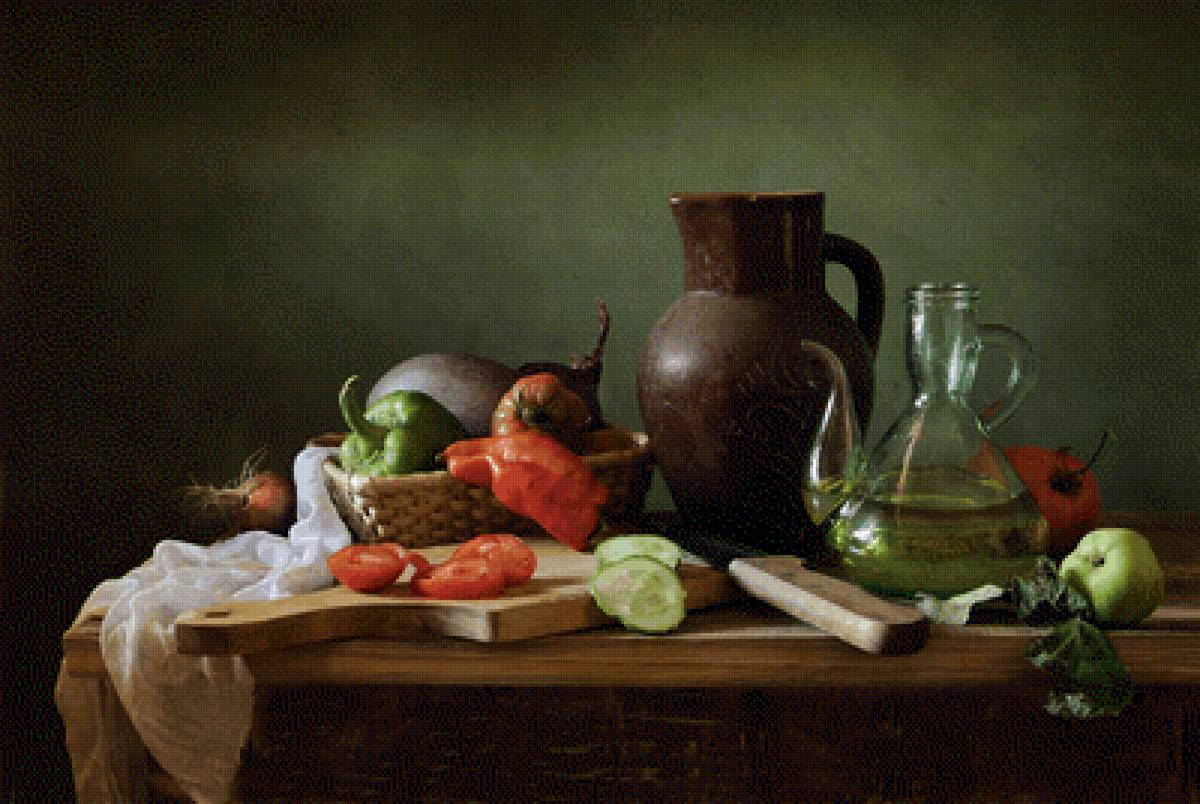 Овощной натюрморт - овощи, помидоры, кувшин, натюрморт, огурец, перец - предпросмотр
